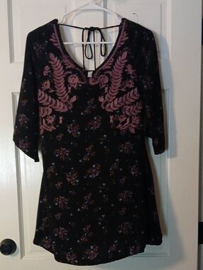 Xhilation Black &  Floral  Dress with Purple Embroidered Yoke And Bell Sleeves